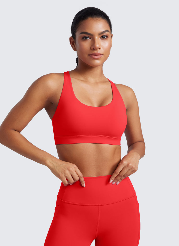 CRZ YOGA Women's Yoga Training Medium Support Nakedfeel Bra Cross Back Deep Red