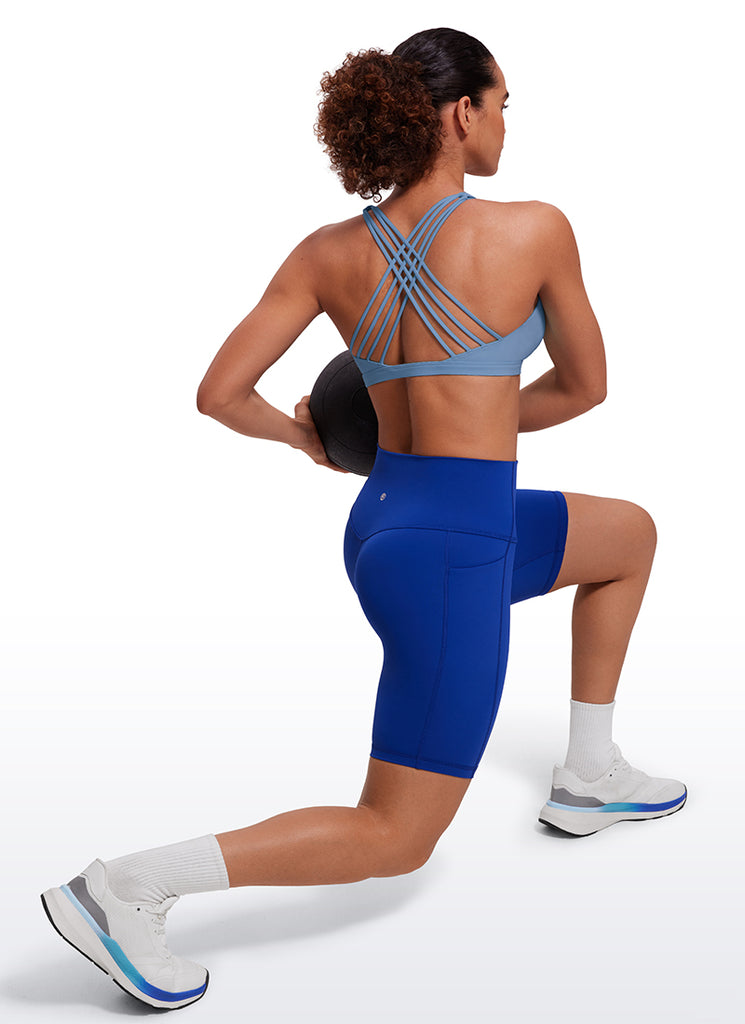 CRZ YOGA Women's Yoga Light Support Nakedfeel Strappy Bra Low Cut Oasis Blue