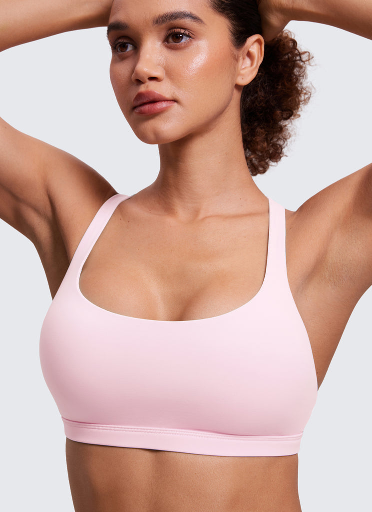 CRZ YOGA Women's Yoga Light Support Nakedfeel Strappy Bra Low Cut Strawberry Pink