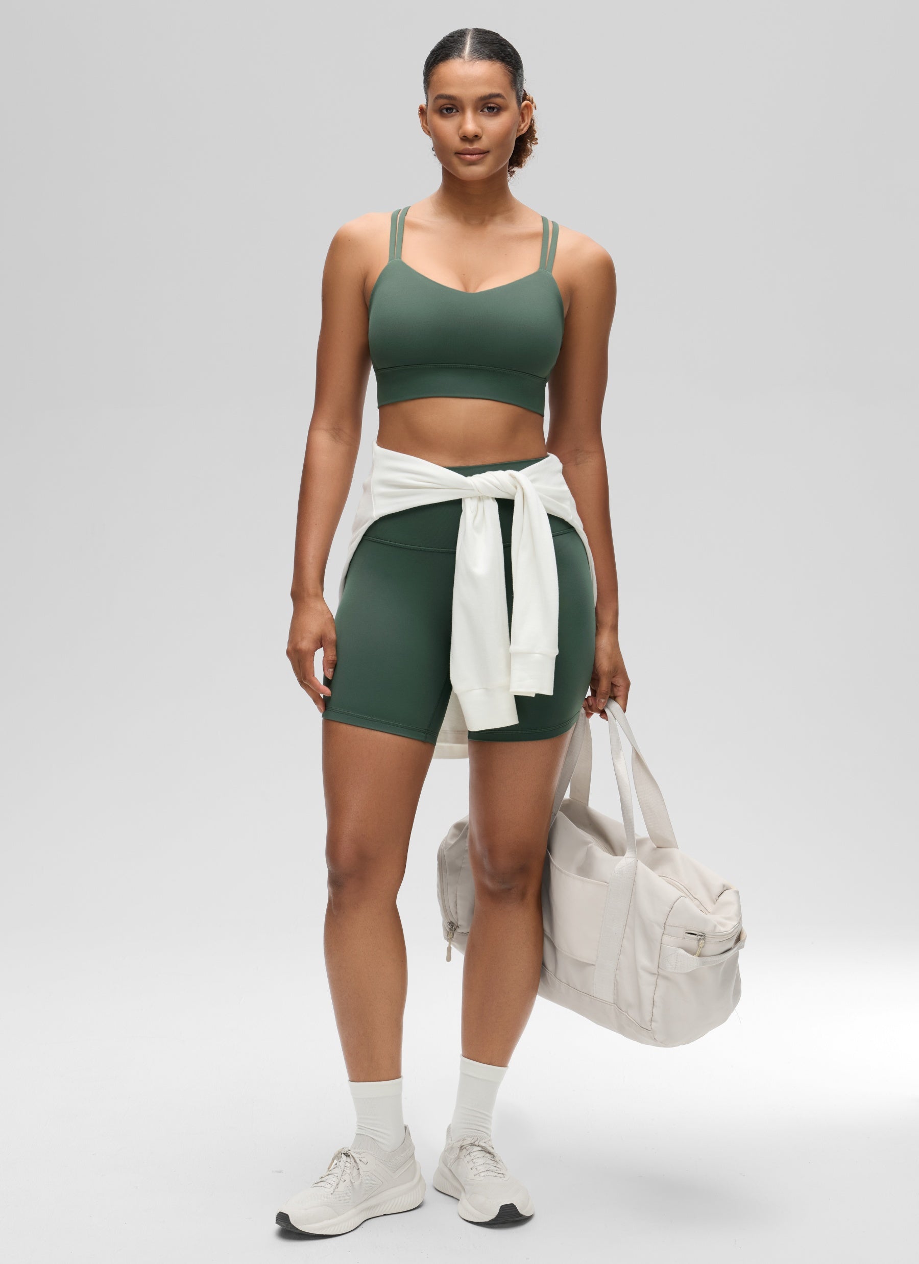 CRZ YOGA Womens Butterluxe Strappy Longline Criss Cross Molded Cup Bra Dark Forest Green @model_info:Barbara