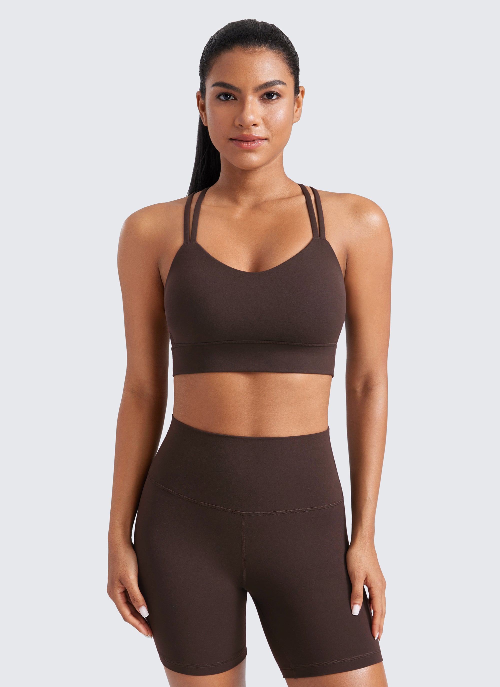 CRZ YOGA Womens Butterluxe Strappy Longline Criss Cross Molded Cup Bra Hot Fudge Brown