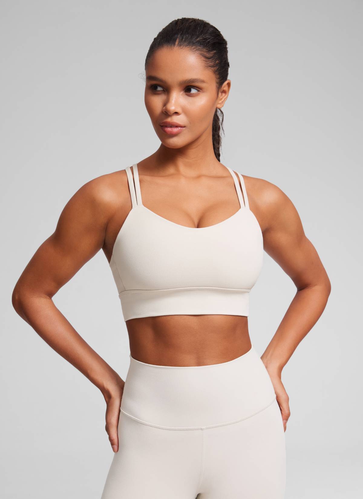 CRZ YOGA Womens Butterluxe Strappy Longline Criss Cross Molded Cup Bra White Apricot @model_info:GI