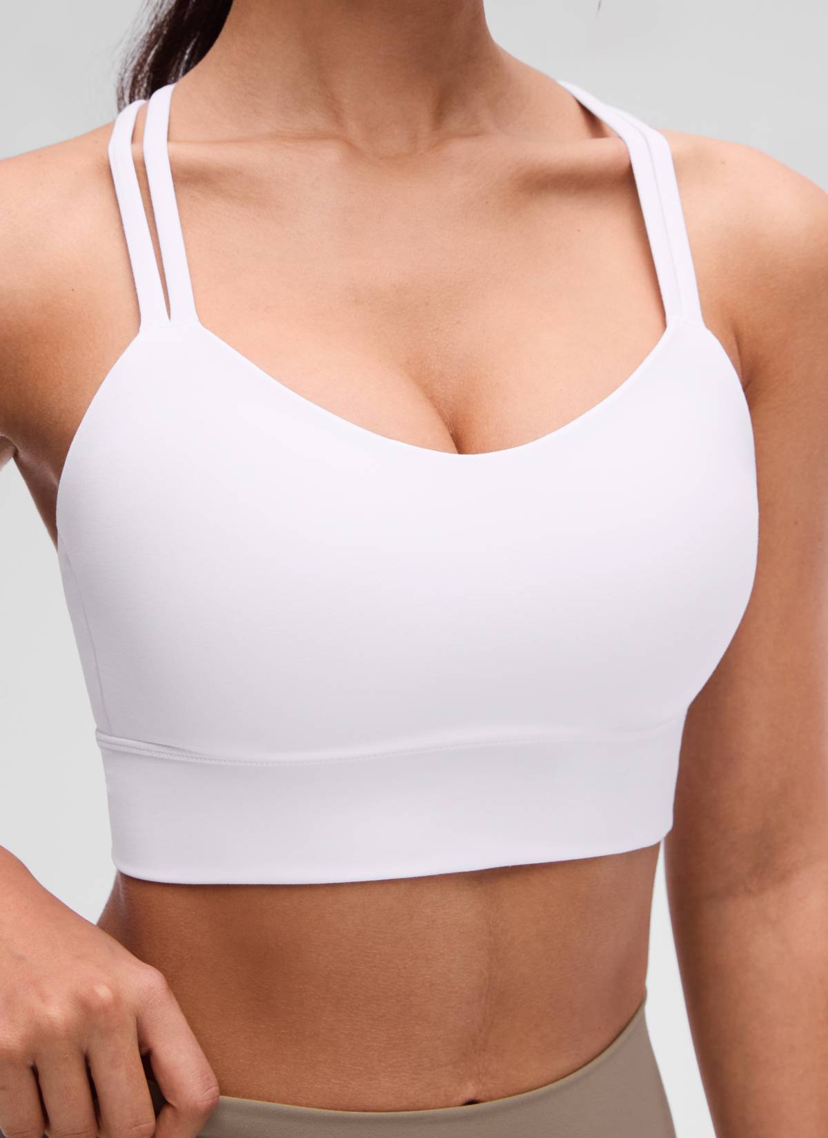 CRZ YOGA Womens Butterluxe Strappy Longline Criss Cross Molded Cup Bra White @model_info:Maysa
