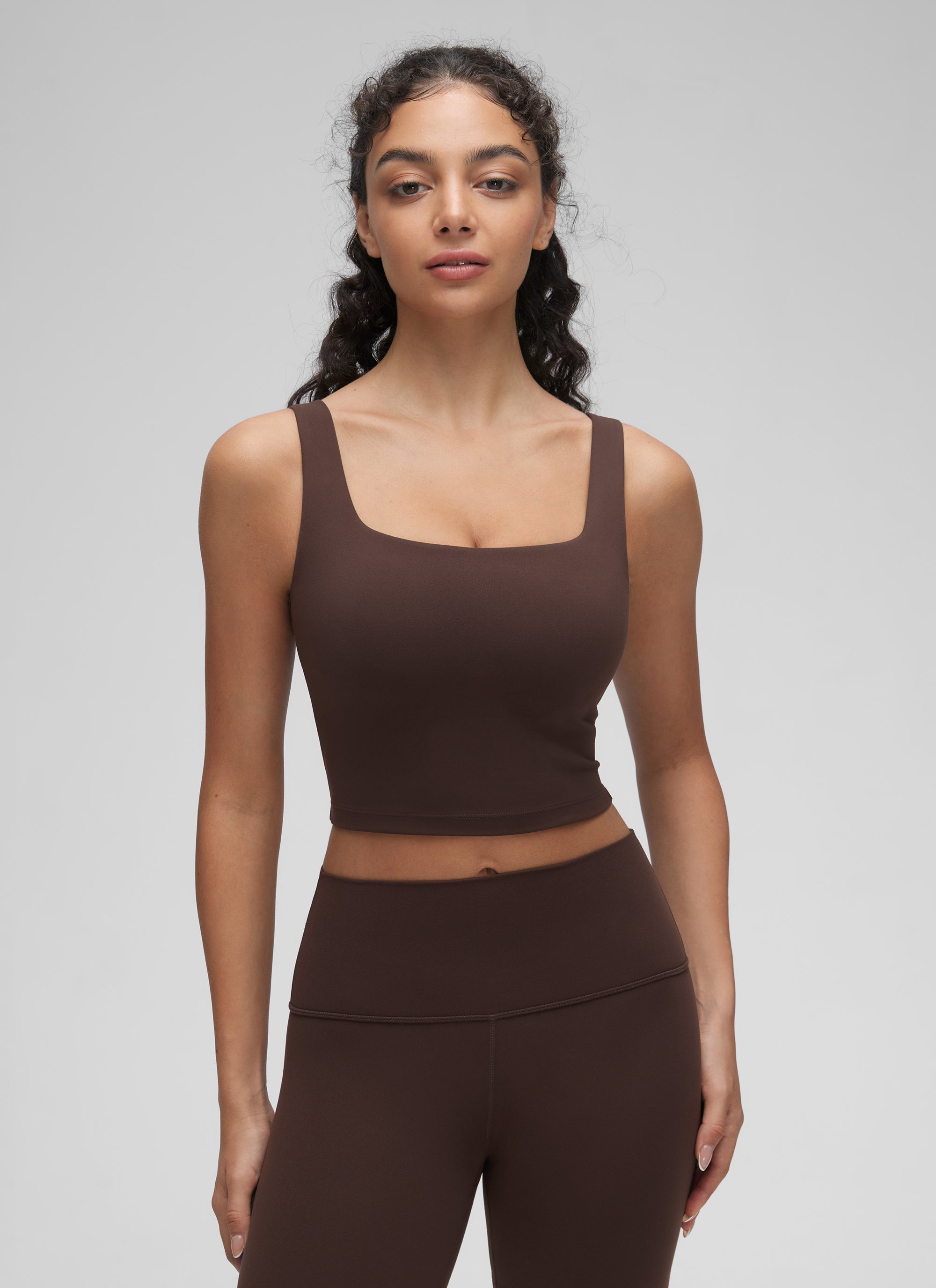 CRZ YOGA Women's Yoga Low Impact Butterluxe Longline Bra Square Neck Hot Fudge Brown