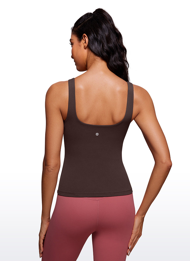 CRZ YOGA Women's SlimFit Tops Butterluxe Built-in Bra U Neck Tanks Hot Fudge Brown