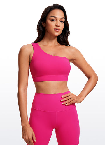 CRZ YOGA Butterluxe Womens One Shoulder Sports Bra Asymmetrical Padded Granita Pink