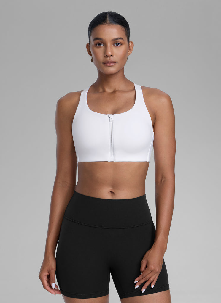 CRZ YOGA Womens Zip Front High Impact Sport Bra with Adjustable Straps White