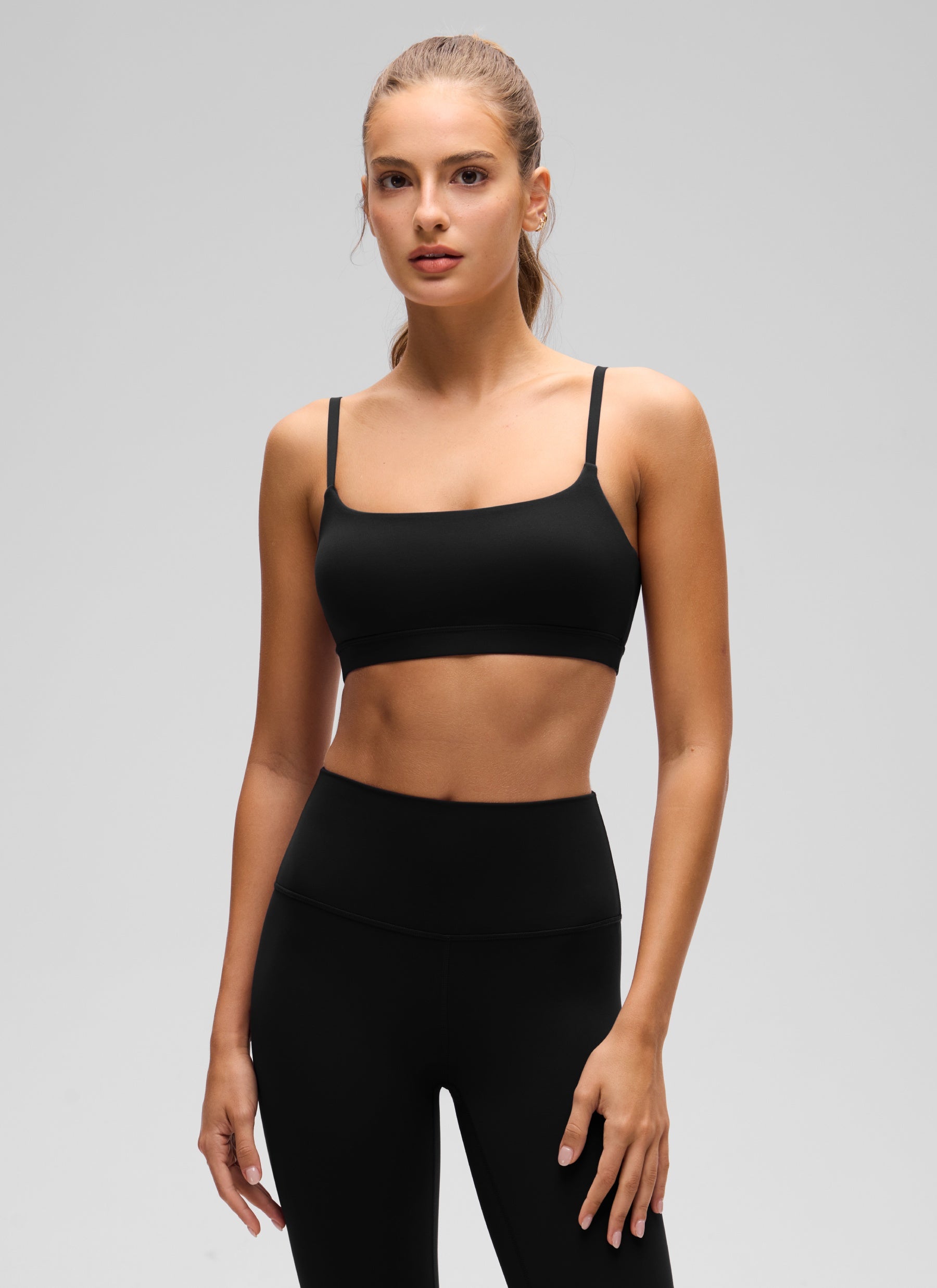 CRZ YOGA Womens Butterluxe Adjustable Spaghetti Strap Scoop Neck Bra Black @model_info:Anano