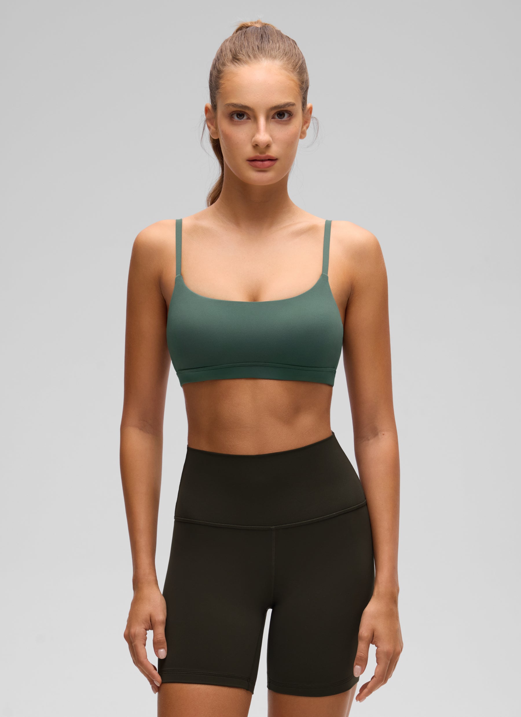 CRZ YOGA Womens Butterluxe Adjustable Spaghetti Strap Scoop Neck Bra Dark Forest Green @model_info:T