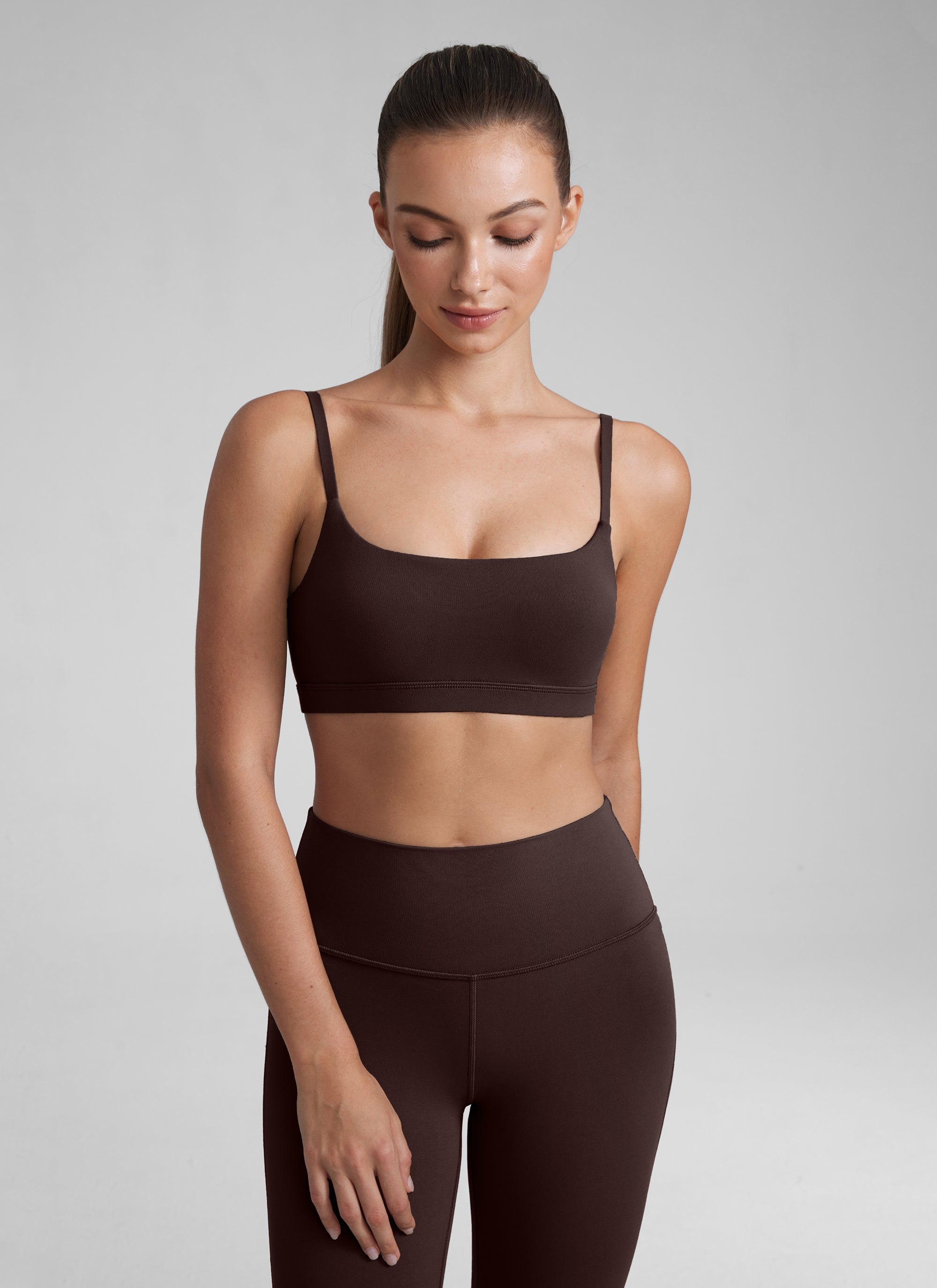 CRZ YOGA Womens Butterluxe Adjustable Spaghetti Strap Scoop Neck Bra Hot Fudge Brown @model_info:Kate