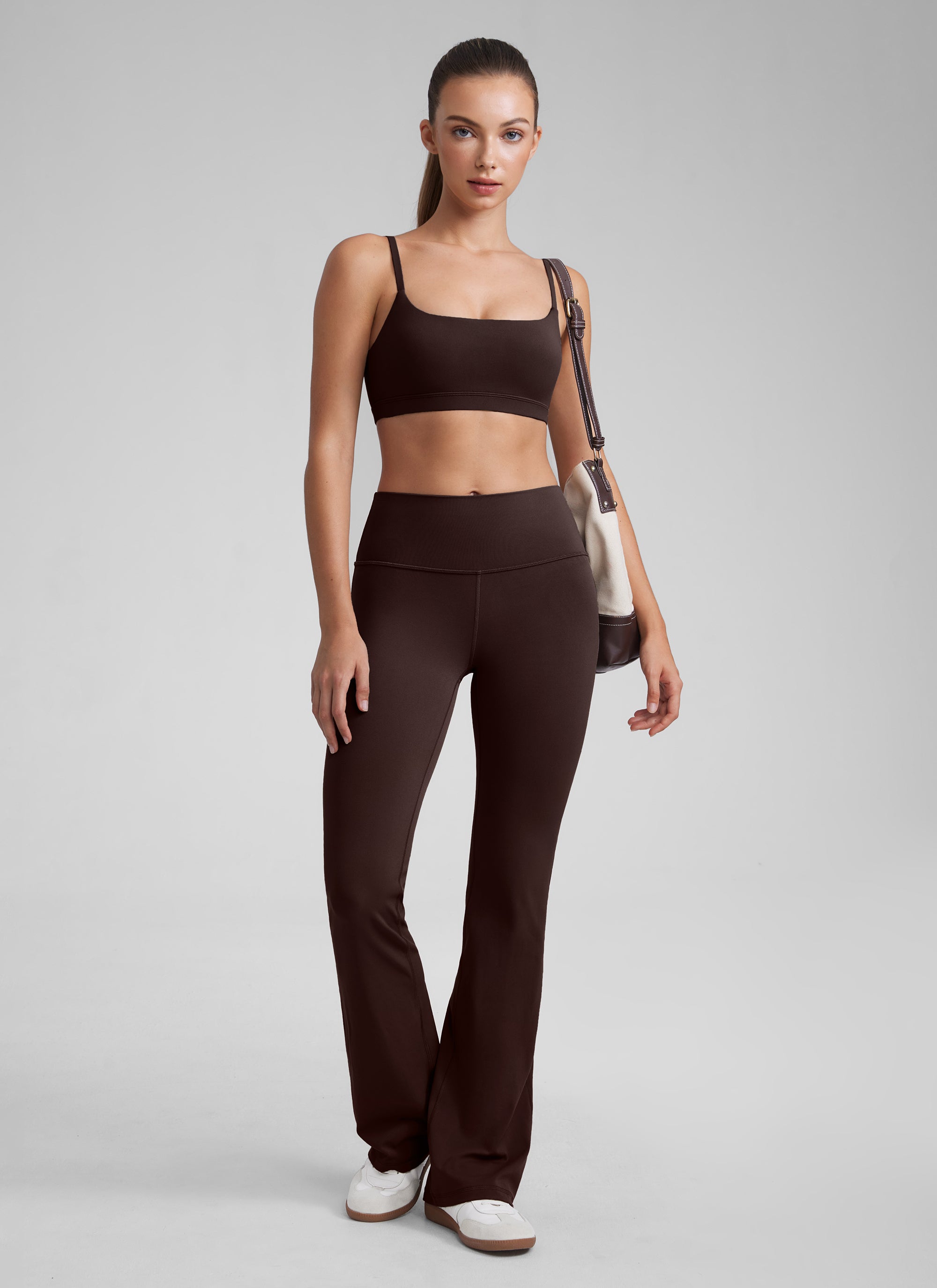 CRZ YOGA Womens Butterluxe Adjustable Spaghetti Strap Scoop Neck Bra Hot Fudge Brown @model_info:Kate