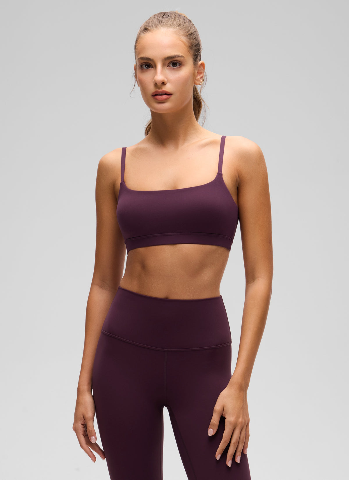 CRZ YOGA Womens Butterluxe Adjustable Spaghetti Strap Scoop Neck Bra Deep Purple @model_info:Anano