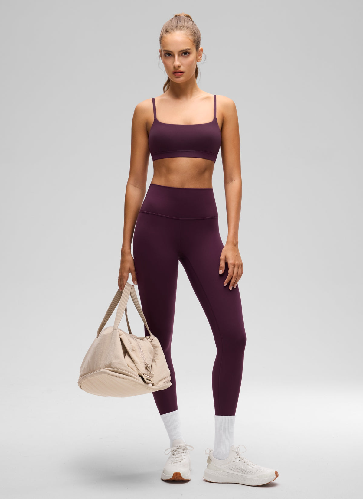 CRZ YOGA Womens Butterluxe Adjustable Spaghetti Strap Scoop Neck Bra Deep Purple @model_info:Anano