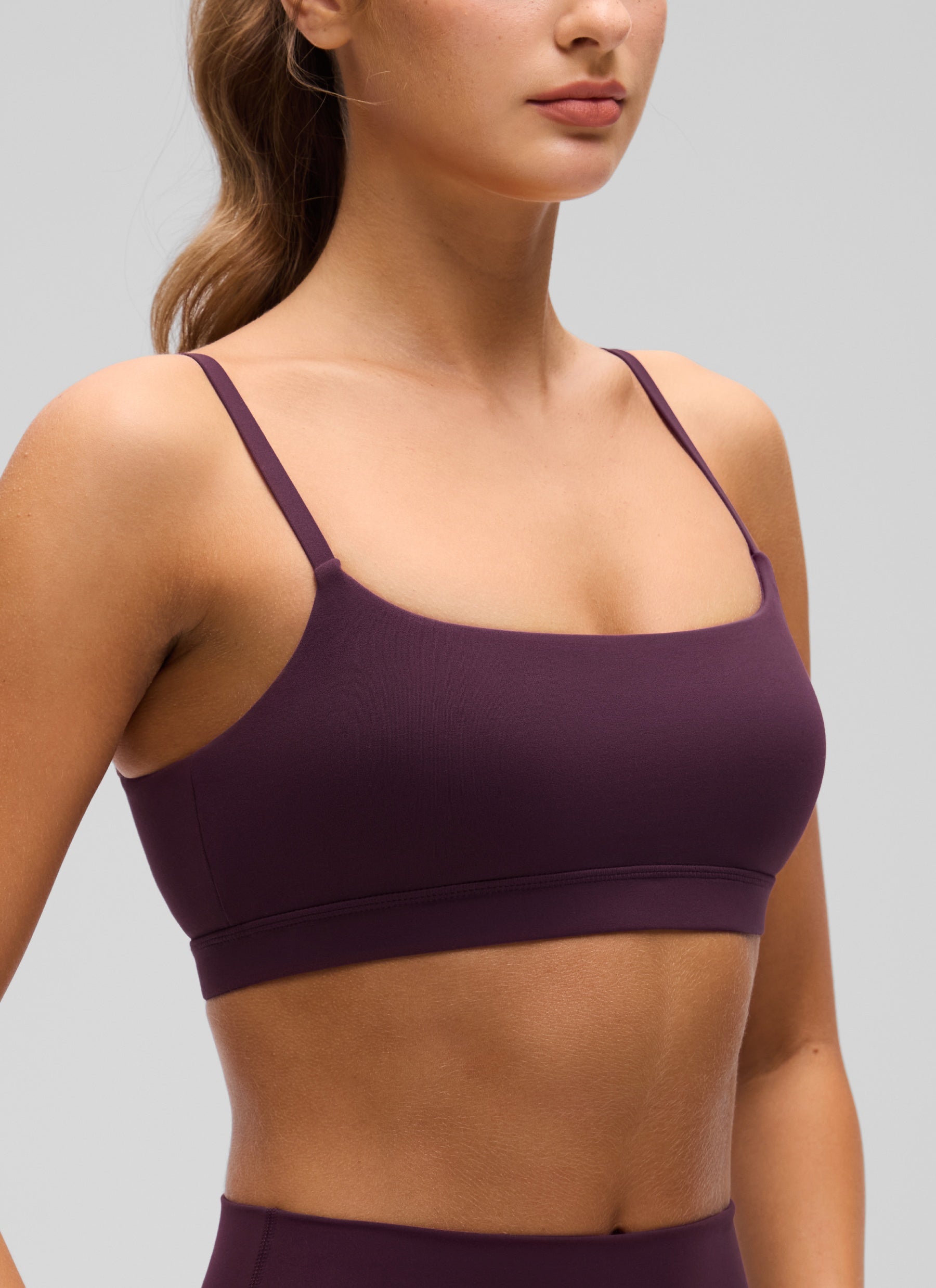 CRZ YOGA Womens Butterluxe Adjustable Spaghetti Strap Scoop Neck Bra Deep Purple @model_info:Anano