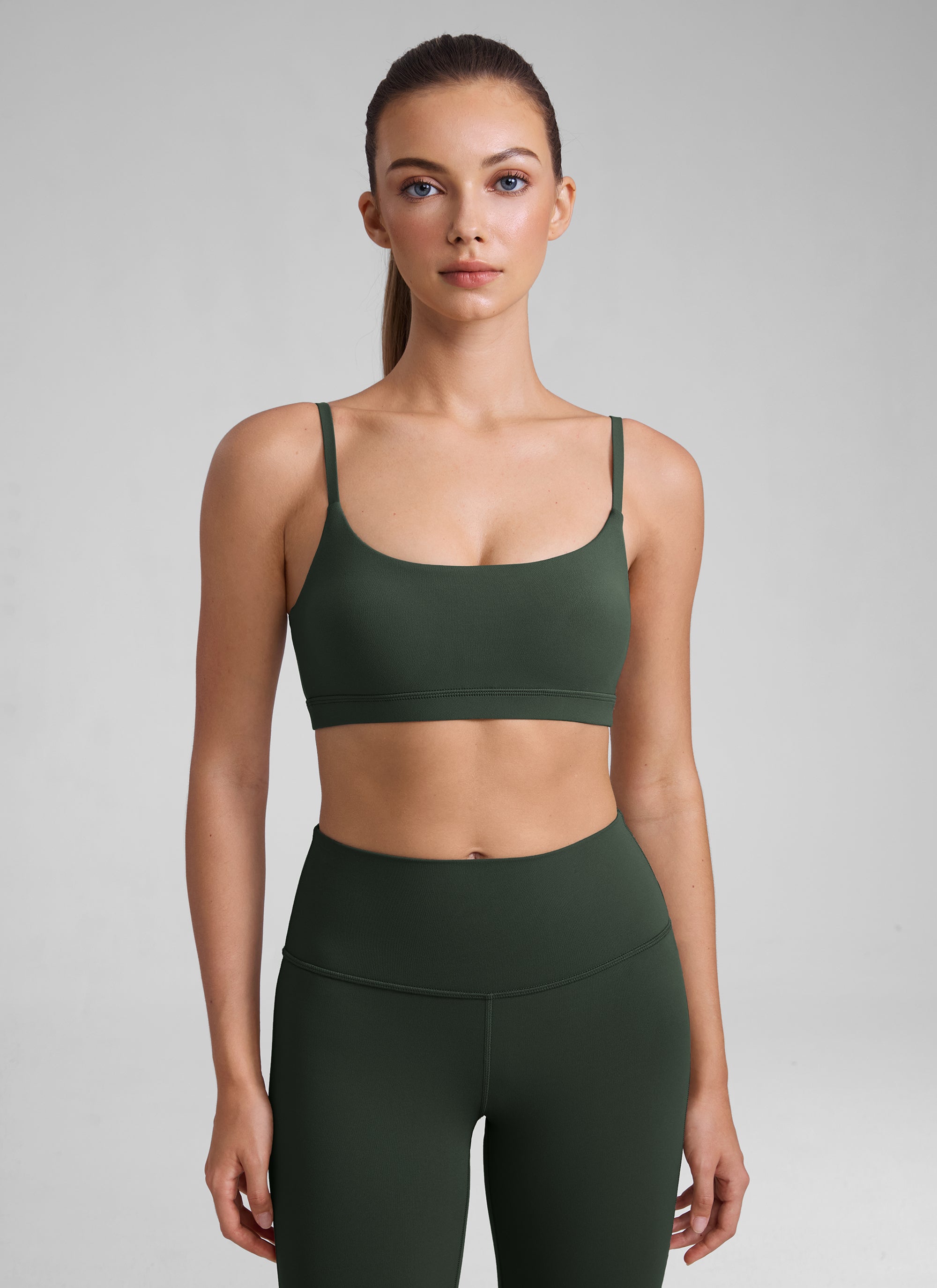 CRZ YOGA Womens Butterluxe Adjustable Spaghetti Strap Scoop Neck Bra Legend Green @model_info:Kate