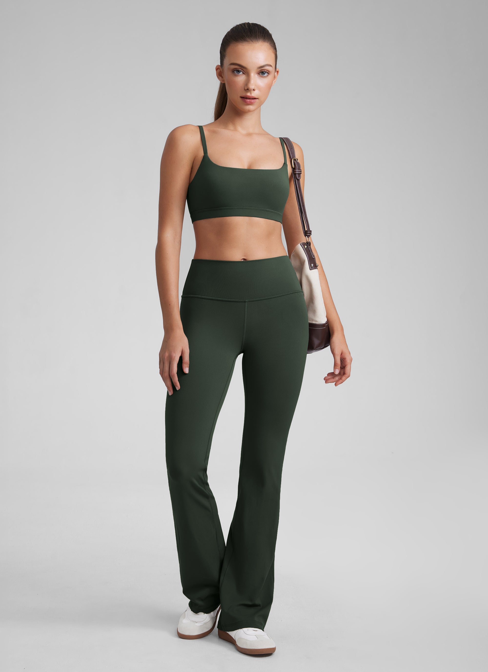 CRZ YOGA Womens Butterluxe Adjustable Spaghetti Strap Scoop Neck Bra Legend Green @model_info:Kate