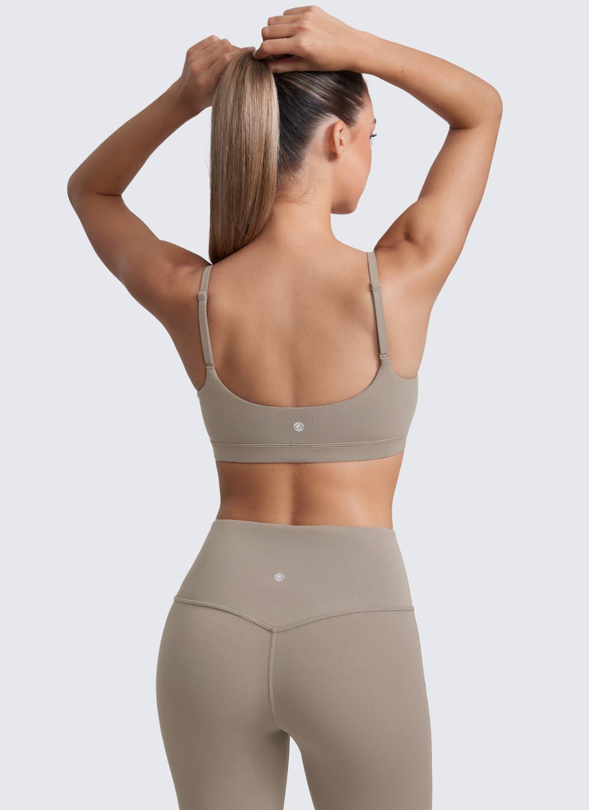CRZ YOGA Womens Butterluxe Adjustable Spaghetti Strap Scoop Neck Bra Warm Ash Grey @model_info:Kate