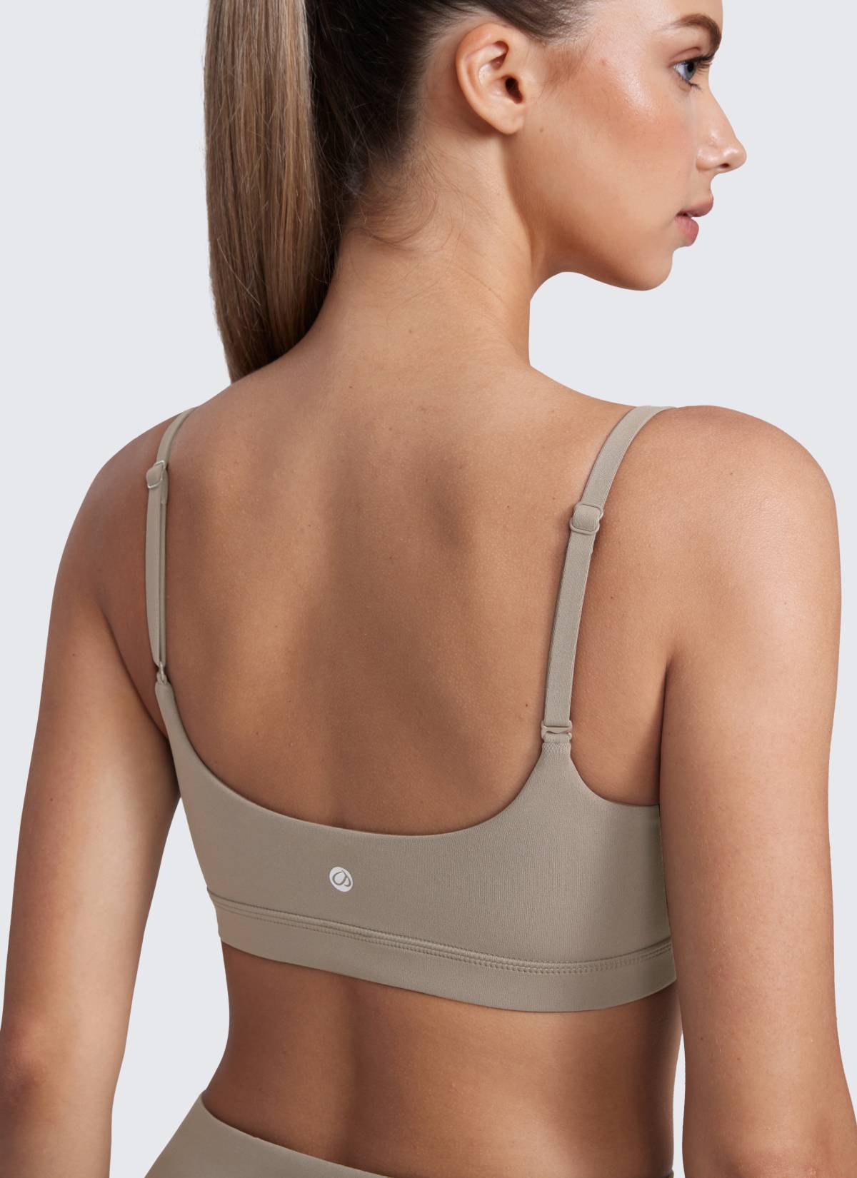 CRZ YOGA Womens Butterluxe Adjustable Spaghetti Strap Scoop Neck Bra Warm Ash Grey @model_info:Kate