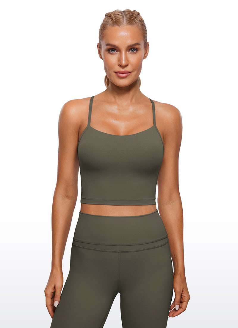 CRZ YOGA Womens Butterluxe Y Back Longline Sports Bras Crop Tank Top Light Army Green