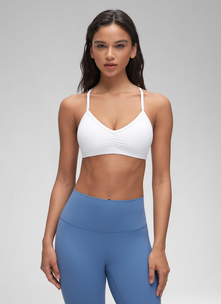 CRZ YOGA Butterluxe Womens Ruched V Neck Yoga Padded Sports Bra White