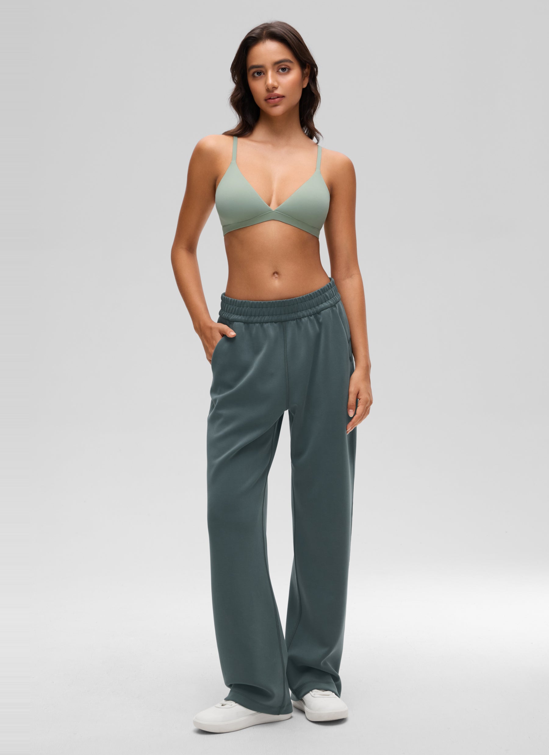 CRZ YOGA Softhold Womens Double Lined Wireless Triangle Bralette Green Palm Court