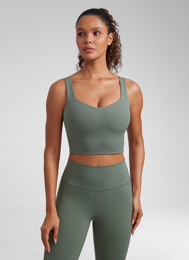 CRZ YOGA Women's Yoga Molded Cup Butterluxe Longline Bra V Neck Coffee Brown