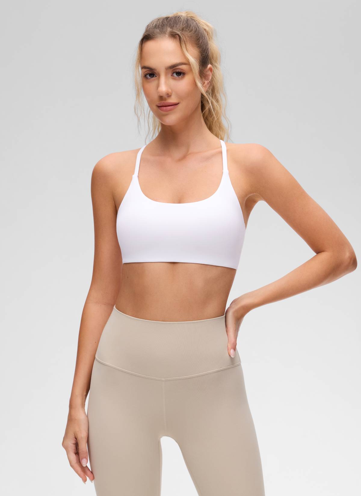 CRZ YOGA Women's Butterluxe Yoga Scoop Neck Twist Cross Back Sport Bra White