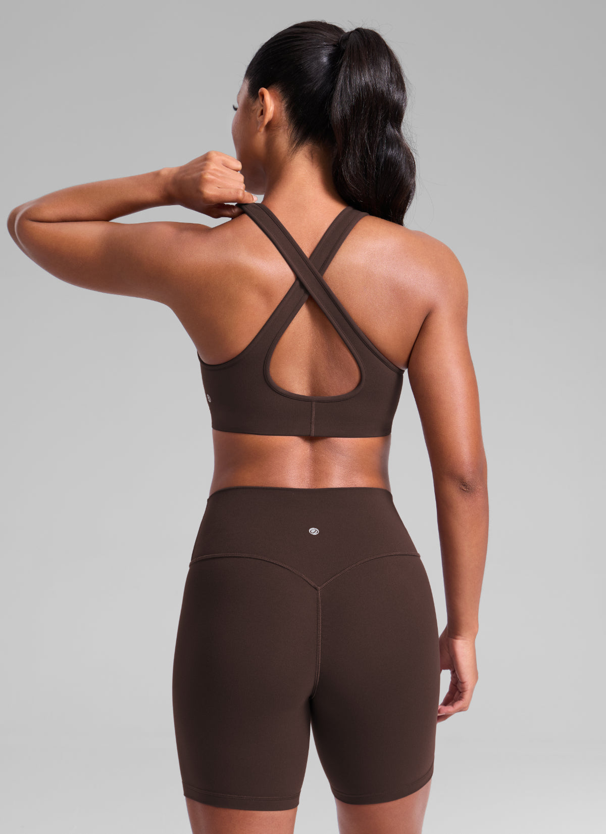 CRZ YOGA Women's Butterlift® Workout Deep V Neck Cross Back Sports Bra Hot Fudge Brown