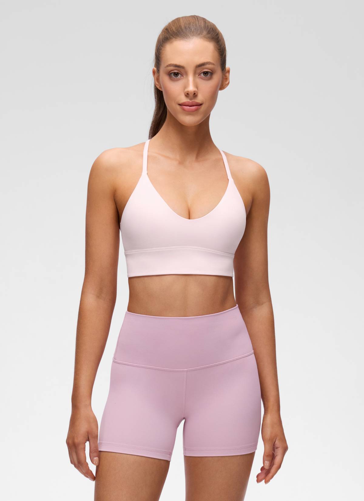 CRZ YOGA Women's Butterluxe Yoga V Neck Cross Back Longline Sports Bra Strawberry Pink @model_info:Lary
