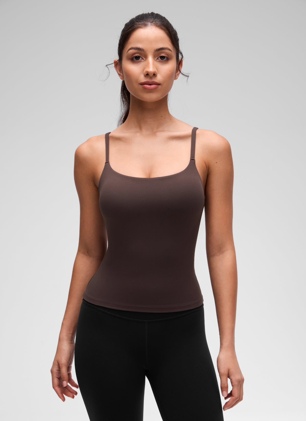 CRZ YOGA Women's Yoga Softretch U Back Waist Length Built in Bra Tank Clay Brown