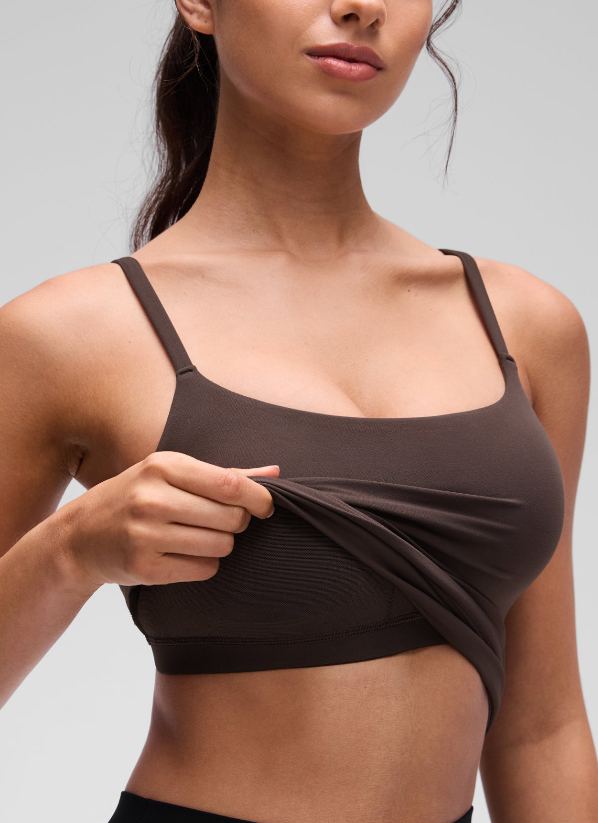 CRZ YOGA Women's Yoga Softretch U Back Waist Length Built in Bra Tank Clay Brown @model_info:Maysa