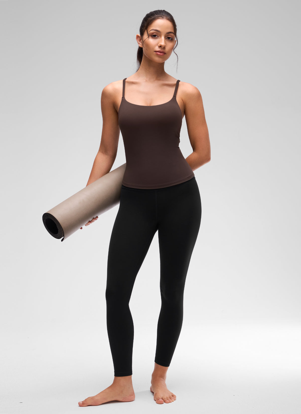 CRZ YOGA Women's Yoga Softretch U Back Waist Length Built in Bra Tank Clay Brown