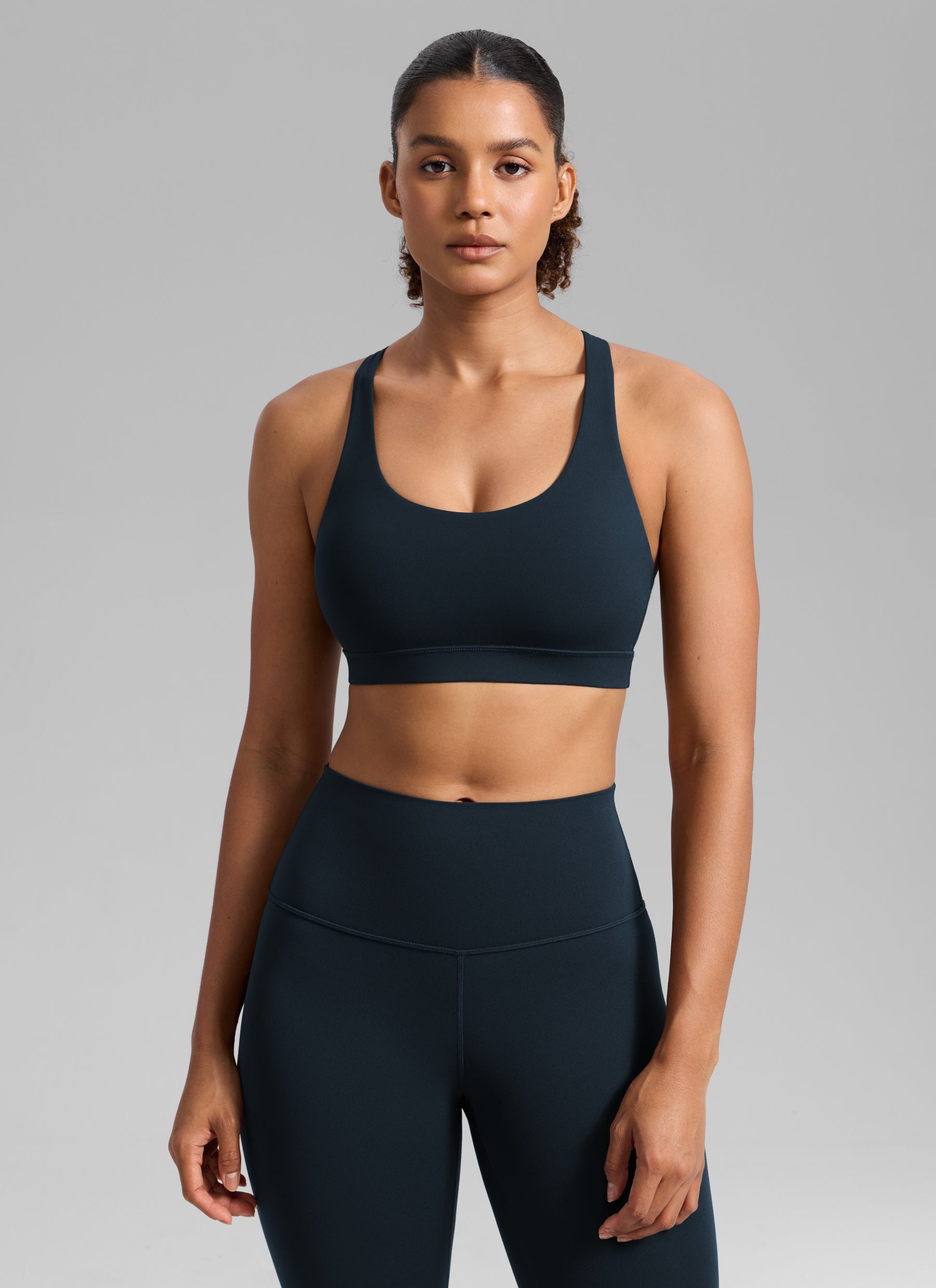 CRZ YOGA Women's Nakedfeel Training U Neck Criss Cross Back Sports Bra True Navy