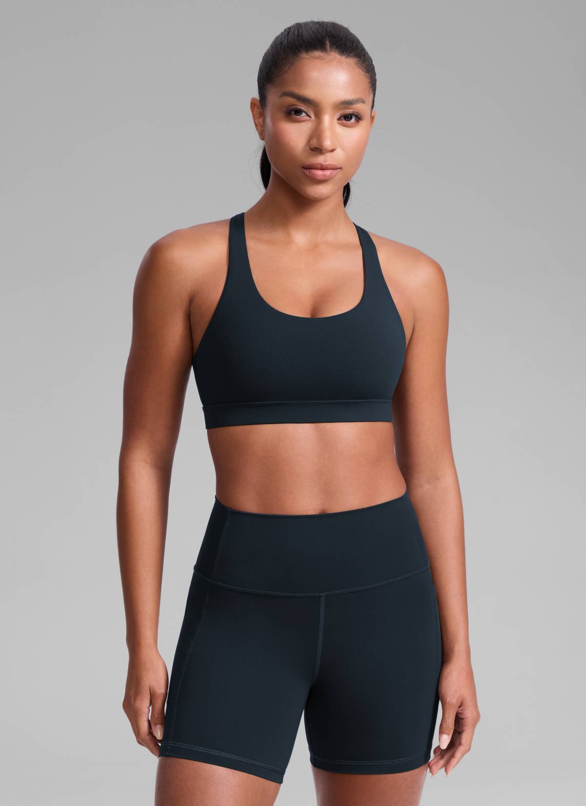 CRZ YOGA Women's Nakedfeel Training U Neck Criss Cross Back Sports Bra True Navy