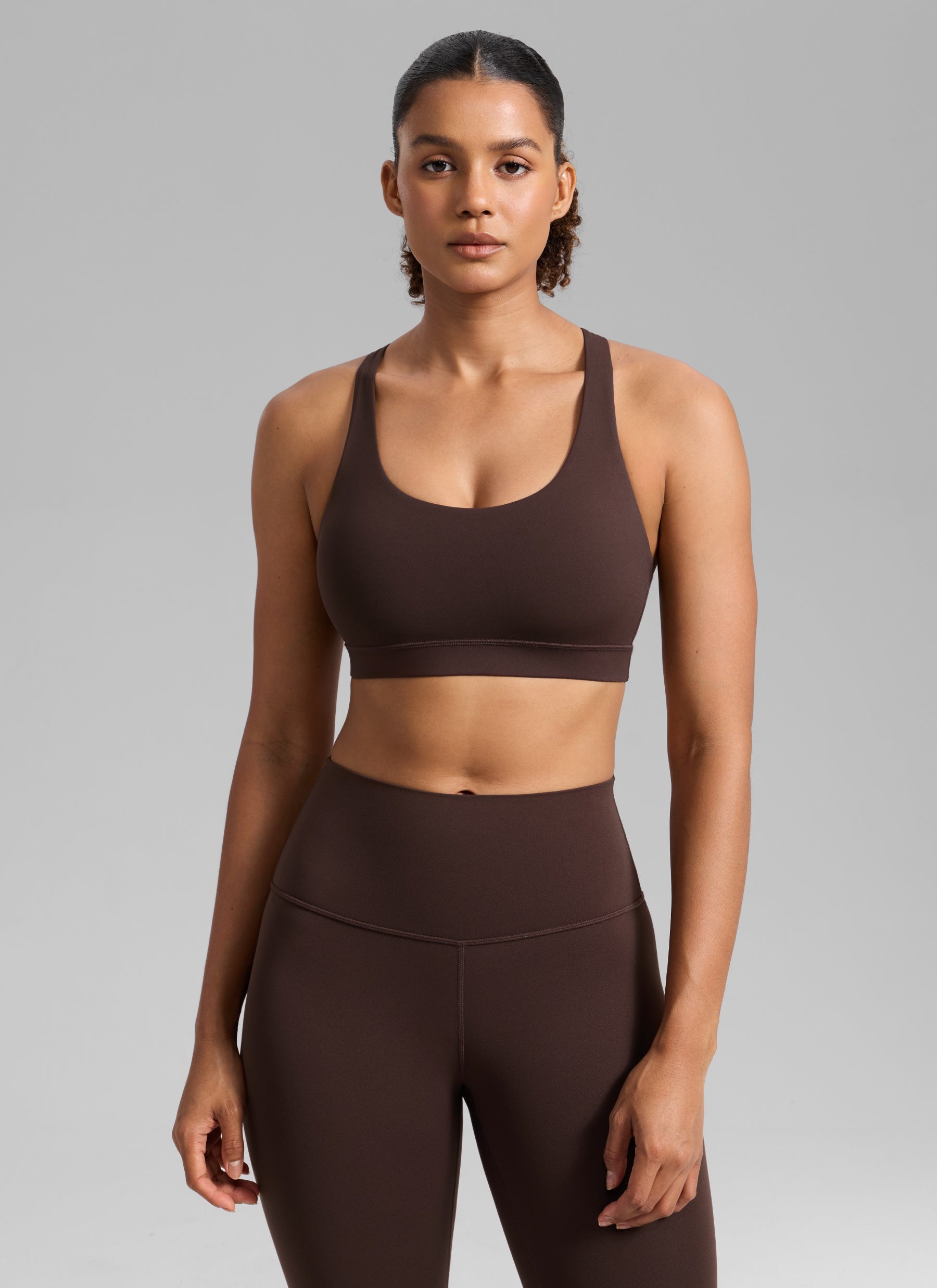CRZ YOGA Women's Nakedfeel Training U Neck Criss Cross Back Sports Bra Hot Fudge Brown