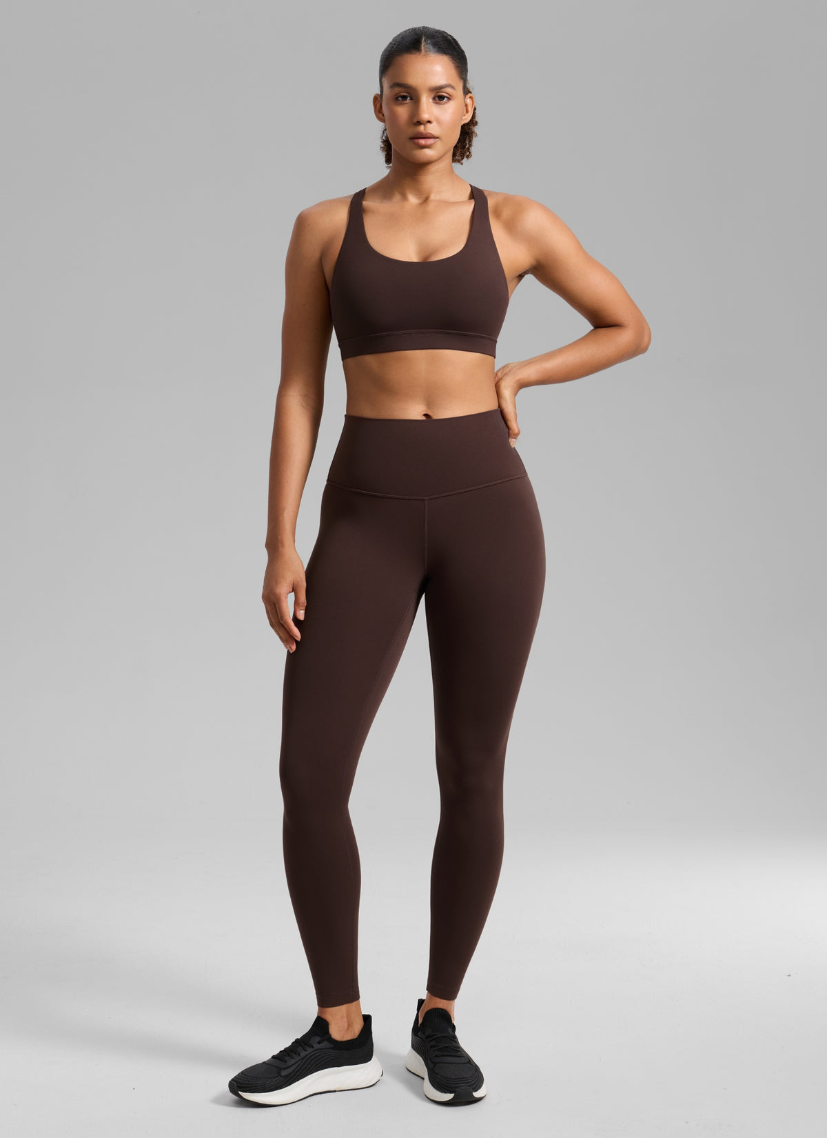 CRZ YOGA Women's Nakedfeel Training U Neck Criss Cross Back Sports Bra Hot Fudge Brown @model_info:Barbara