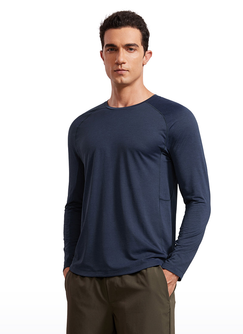 CRZ YOGA Men's Train Slim Fit Lightweight Rounded Scallop Long Sleeves Navy-Heather