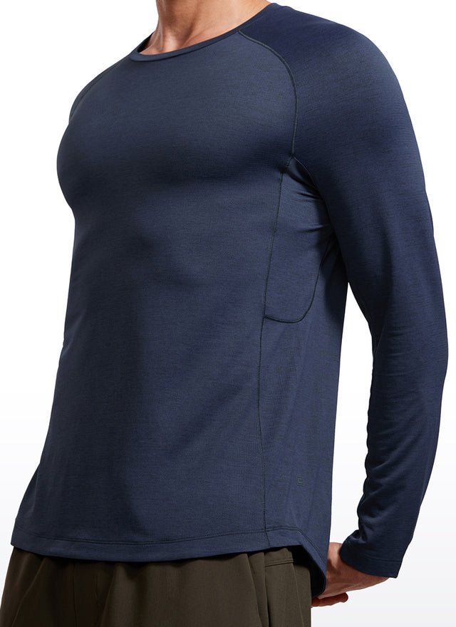 CRZ YOGA Men's Train Slim Fit Lightweight Rounded Scallop Long Sleeves Navy-Heather