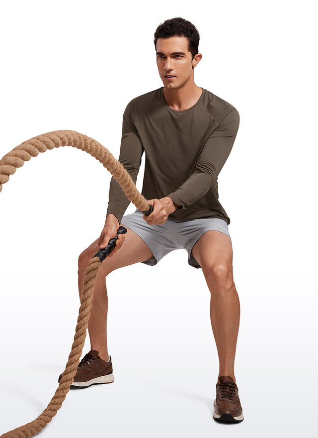 CRZ YOGA Men's Train Slim Fit Lightweight Rounded Scallop Long Sleeves Dark Mocha