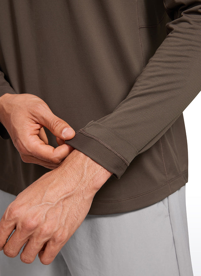 CRZ YOGA Men's Train Slim Fit Lightweight Rounded Scallop Long Sleeves Dark Mocha