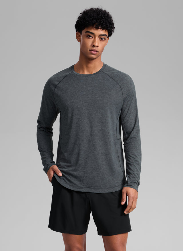 CRZ YOGA Men's Train Slim Fit Lightweight Rounded Scallop Long Sleeves Carbon Heather