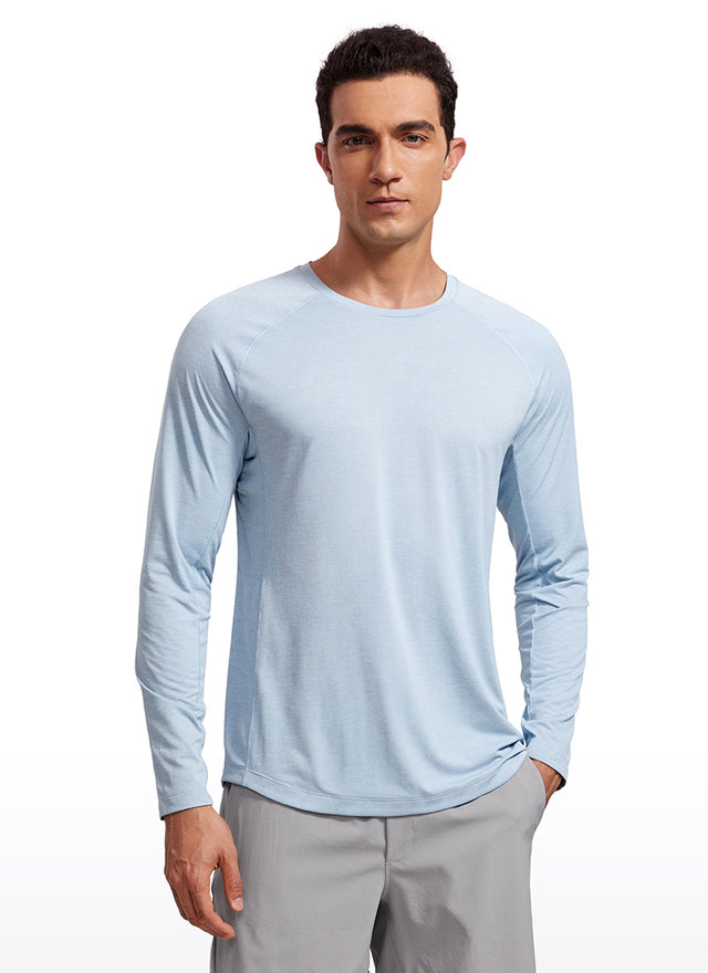 CRZ YOGA Men's Train Slim Fit Lightweight Rounded Scallop Long Sleeves Chambray Blue Heather