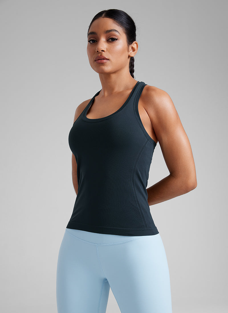 CRZ YOGA Women's Yoga Slim Fit Seamless Tank Crew Neck Racerback True Navy