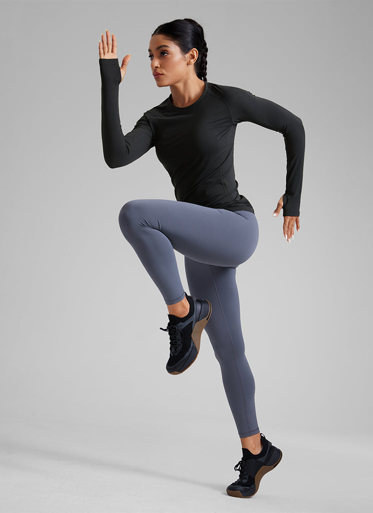 CRZ YOGA Women Seamless Workout Crew Neck Long Sleeve Shirts Black