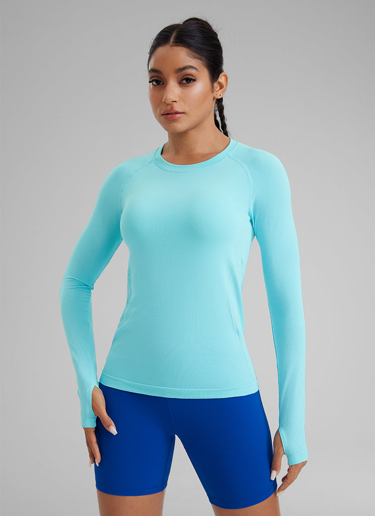 CRZ YOGA Women Seamless Workout Crew Neck Long Sleeve Shirts White