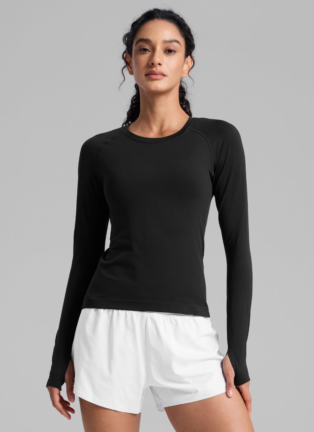 CRZ YOGA Women's Run Train Shirts Seamless Long Sleeve Waist Length Black @model_info:Larissa
