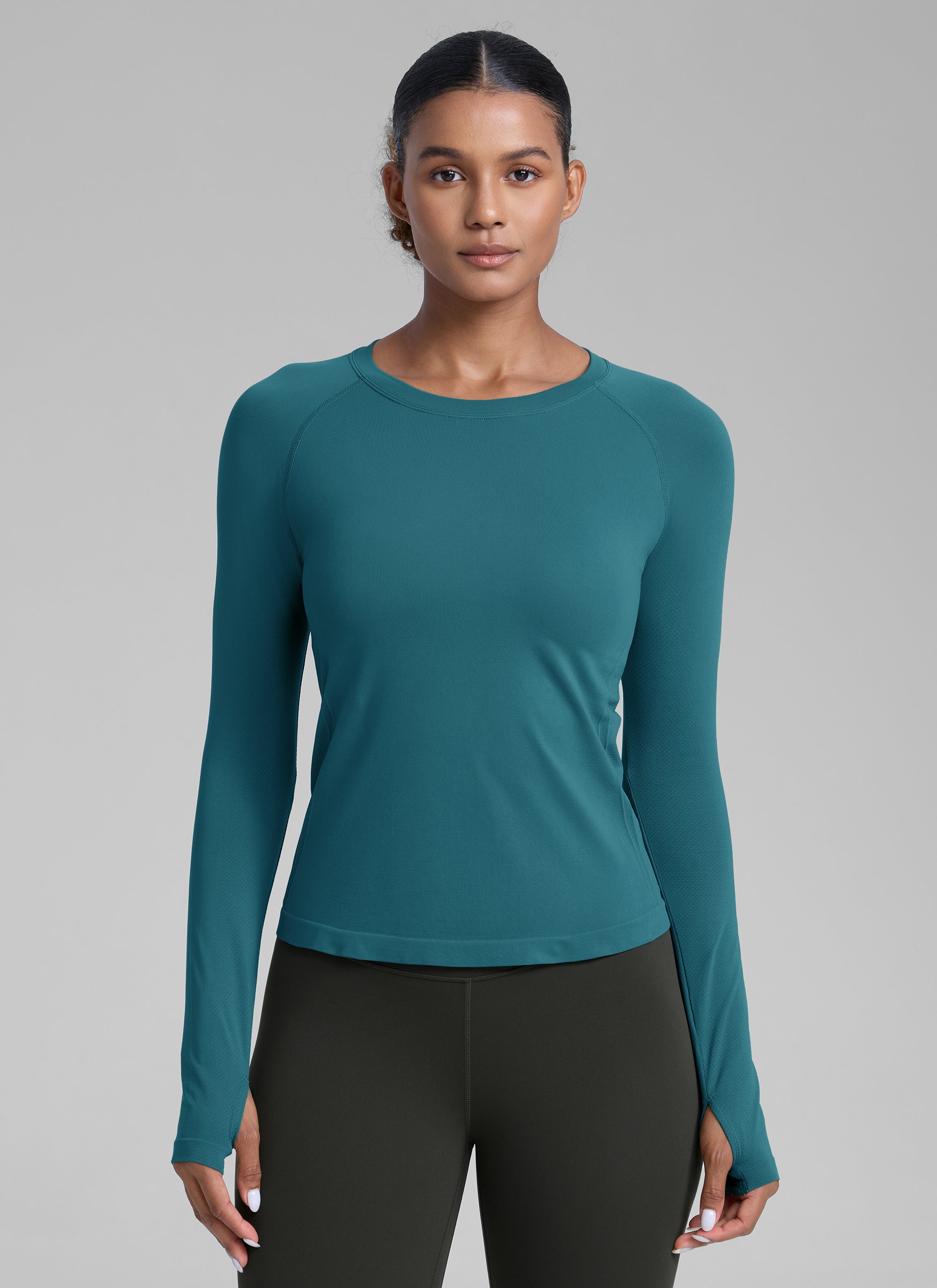 CRZ YOGA Women's Running Quick Dry Shirts Seamless Long Sleeves Slate Grey Marl