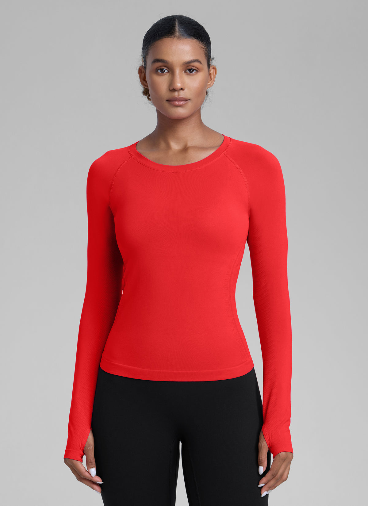CRZ YOGA Women's Run Train Shirts Seamless Long Sleeve Waist Length Deep Red @model_info:Babrabra