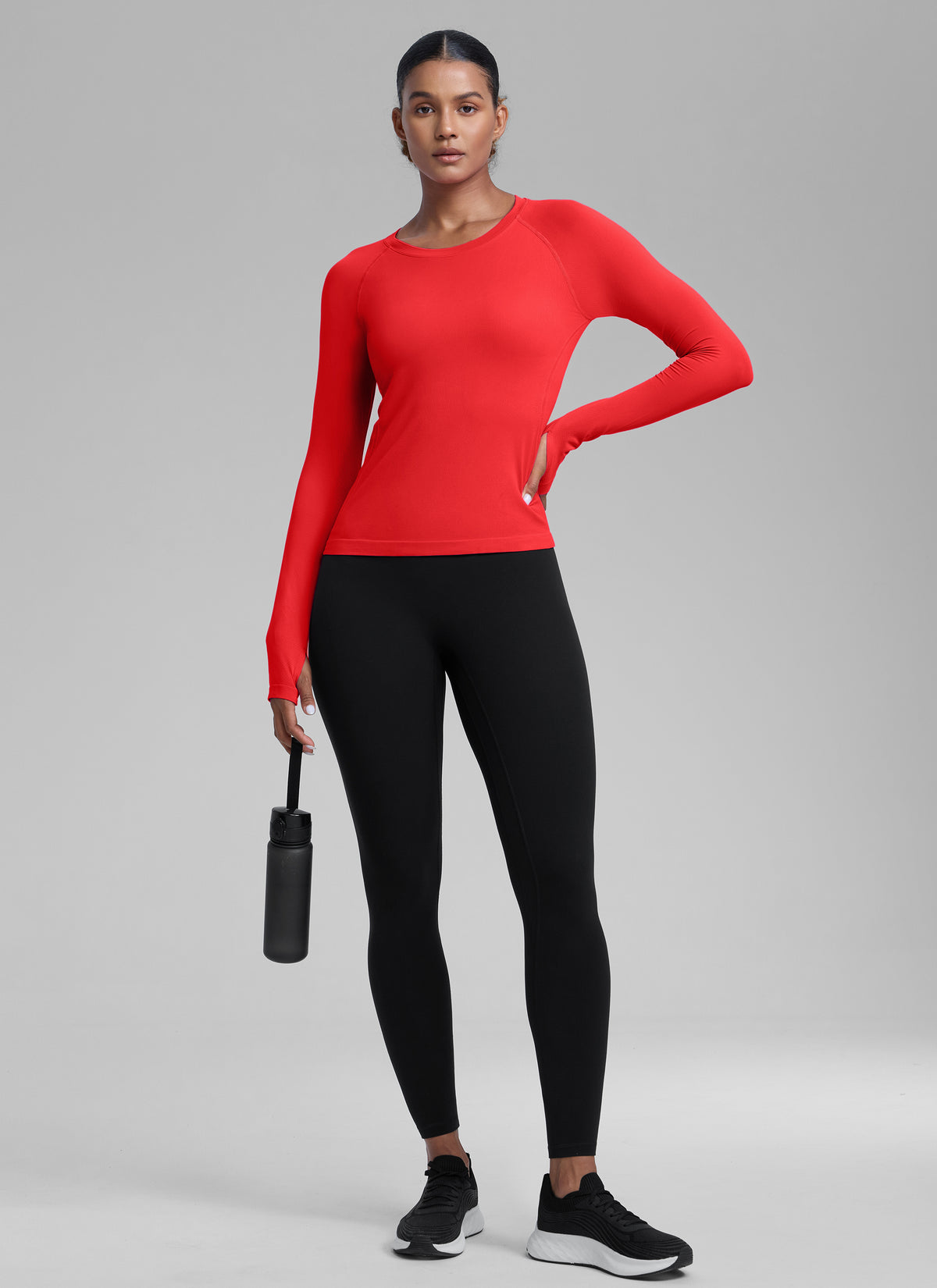 CRZ YOGA Women's Run Train Shirts Seamless Long Sleeve Waist Length Deep Red @model_info:Babrabra