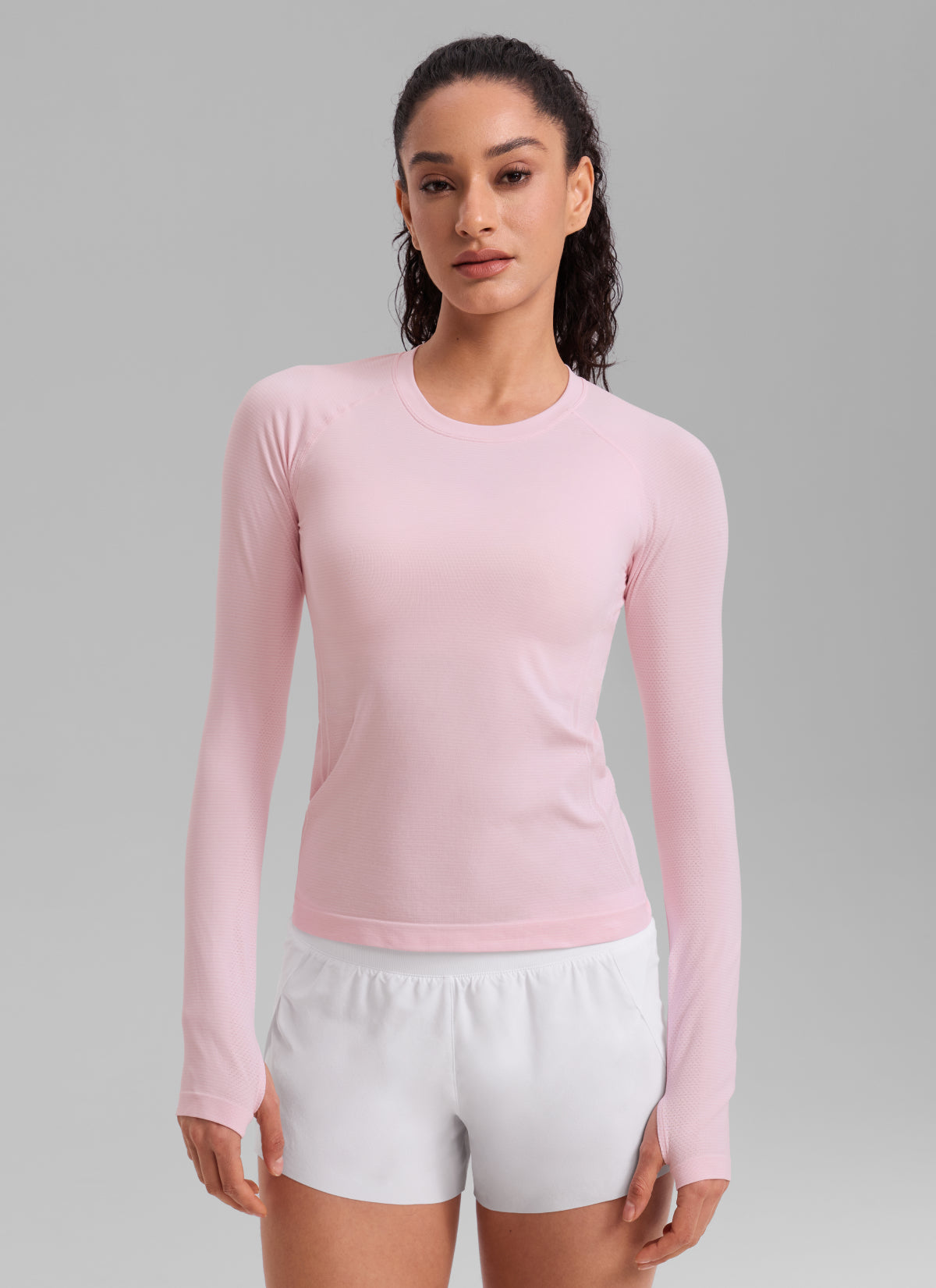CRZ YOGA Women's Run Train Shirts Seamless Long Sleeve Waist Length Strawberry Pink @model_info:Larissa